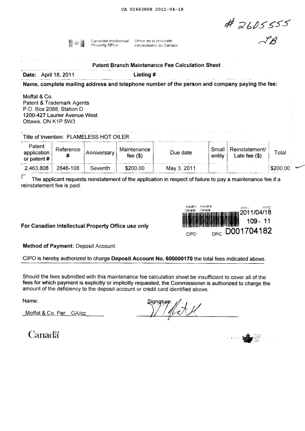 Canadian Patent Document 2463808. Fees 20110418. Image 1 of 1