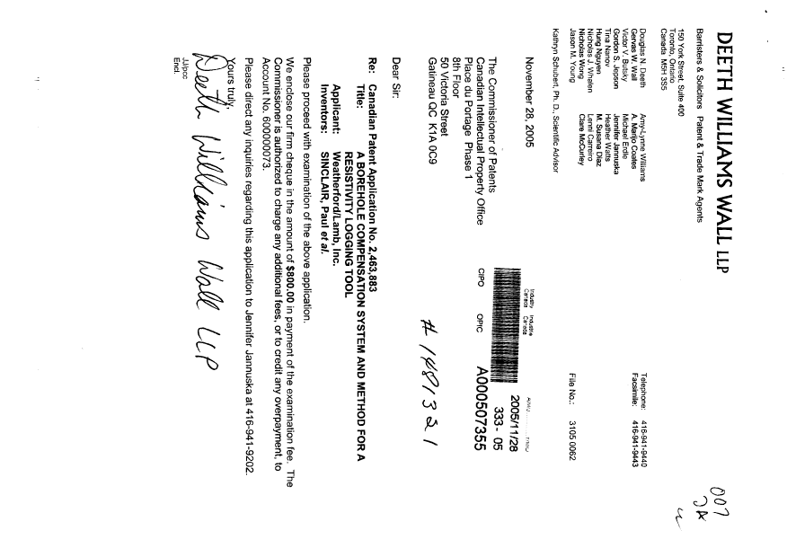 Canadian Patent Document 2463883. Prosecution-Amendment 20051128. Image 1 of 1