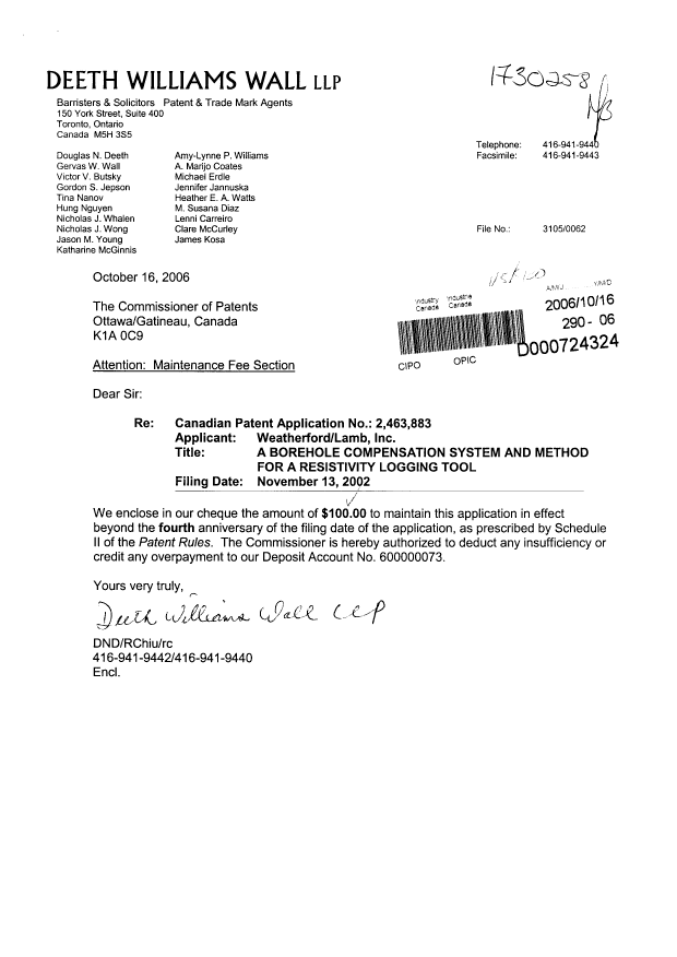 Document de brevet canadien 2463883. Taxes 20061016. Image 1 de 1