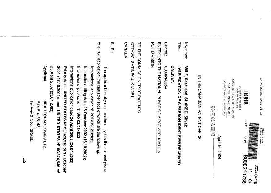 Document de brevet canadien 2463891. Cession 20040416. Image 1 de 5