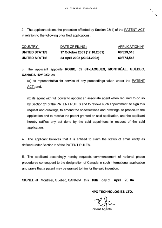 Document de brevet canadien 2463891. Cession 20040416. Image 5 de 5
