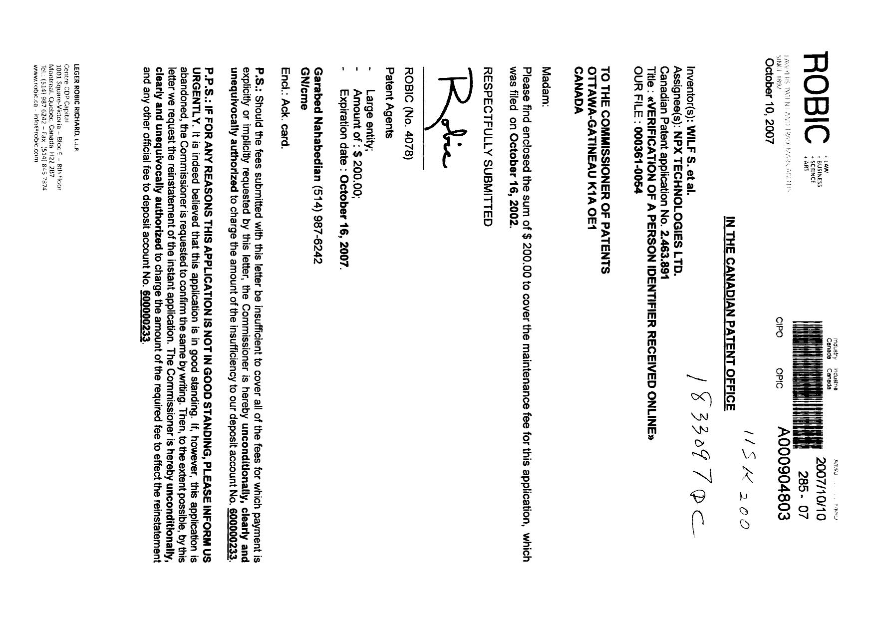 Canadian Patent Document 2463891. Fees 20071010. Image 1 of 1