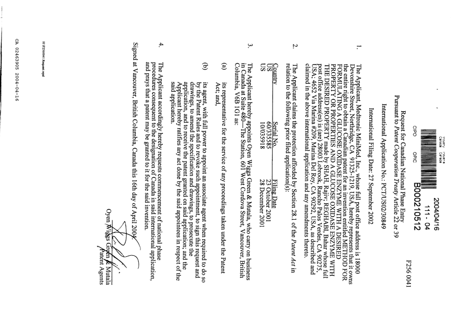 Canadian Patent Document 2463905. Assignment 20040416. Image 2 of 9