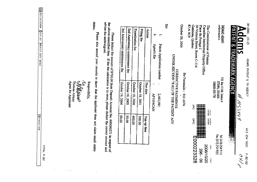 Document de brevet canadien 2463981. Poursuite-Amendment 20061020. Image 1 de 1