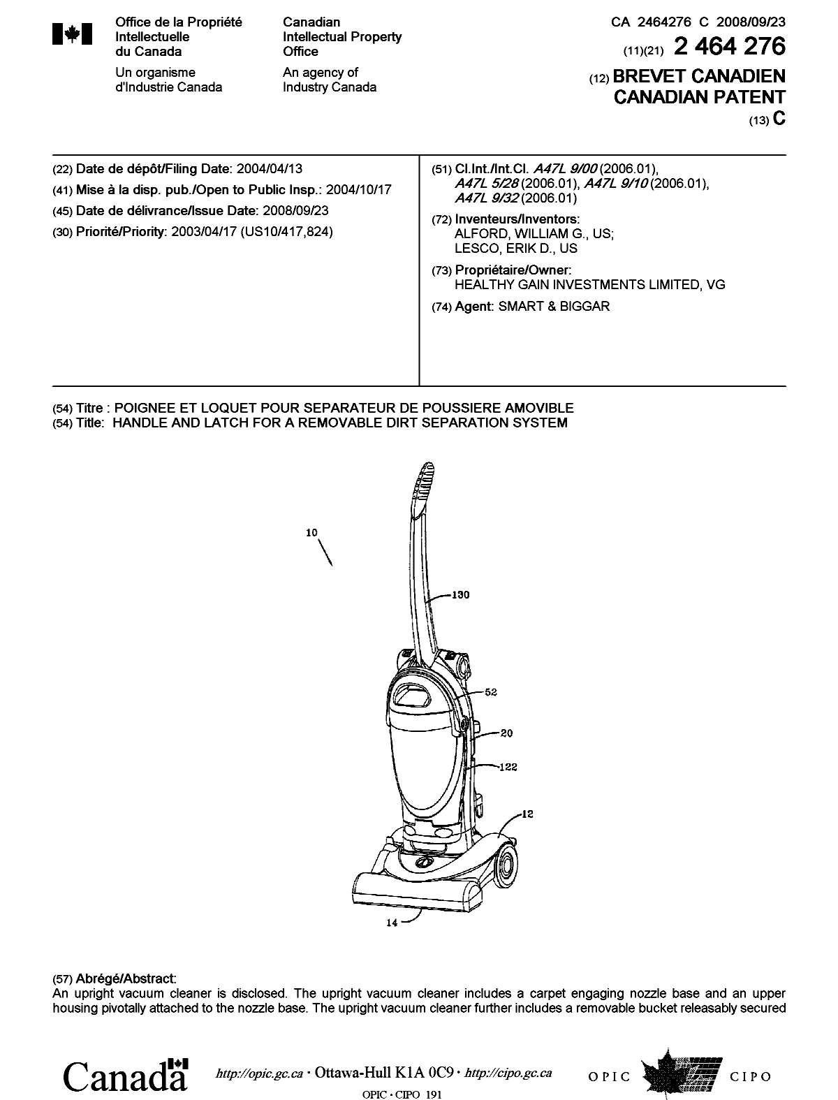 Document de brevet canadien 2464276. Page couverture 20080912. Image 1 de 2