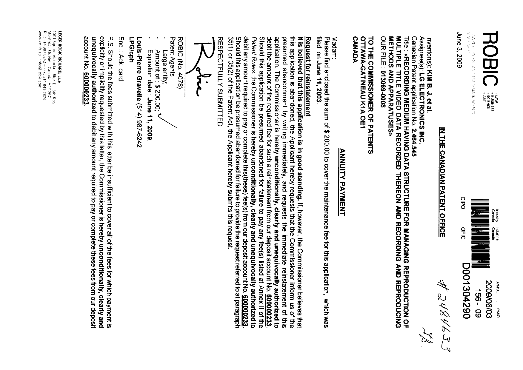 Canadian Patent Document 2464545. Fees 20090603. Image 1 of 1