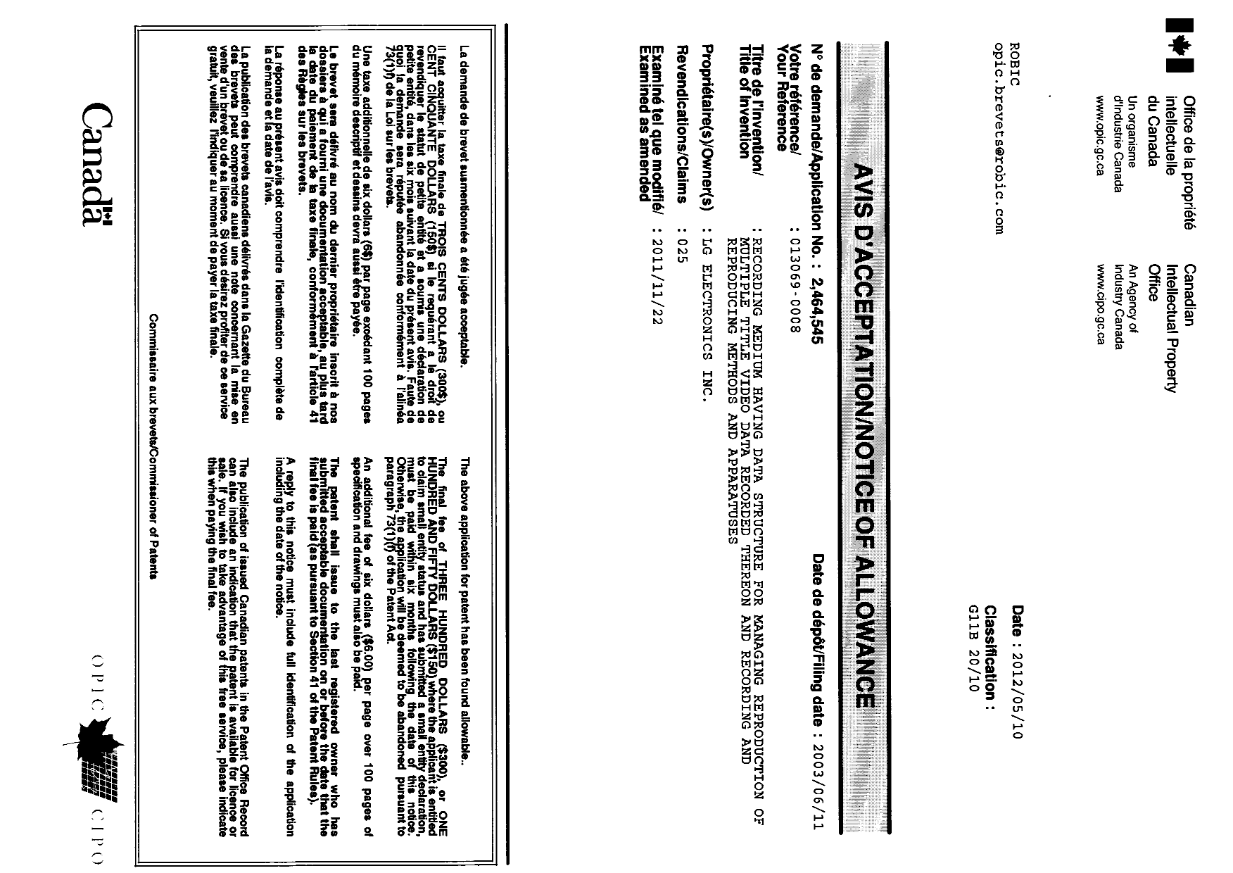 Canadian Patent Document 2464545. Correspondence 20120510. Image 1 of 1