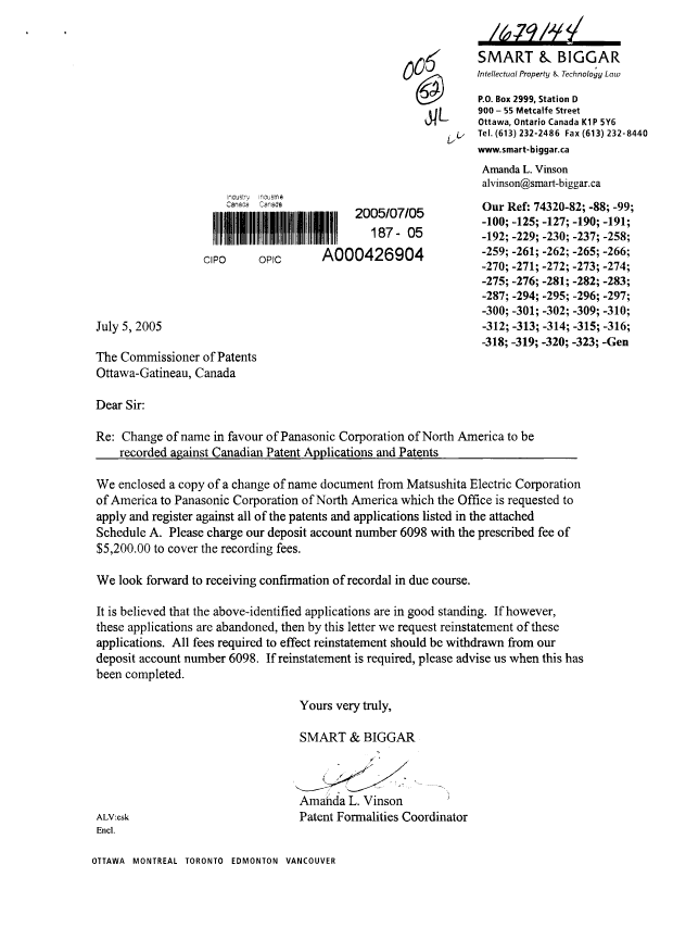 Document de brevet canadien 2464577. Cession 20050705. Image 1 de 8