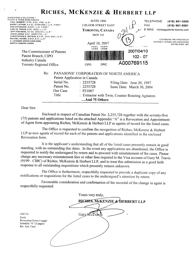 Document de brevet canadien 2464577. Correspondance 20070410. Image 1 de 7