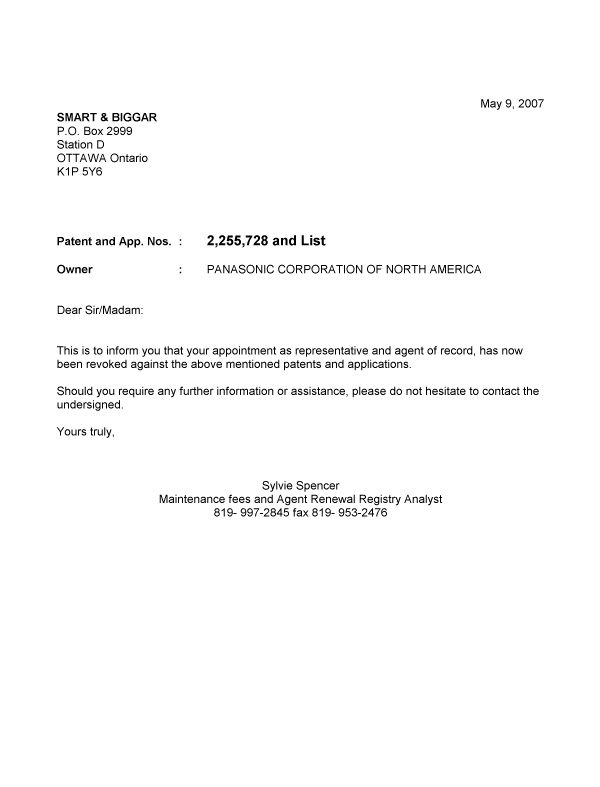 Document de brevet canadien 2464577. Correspondance 20070509. Image 1 de 1