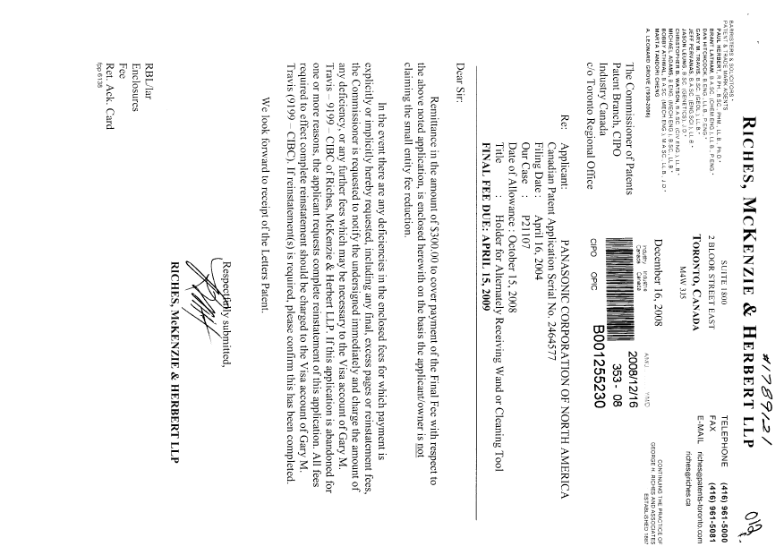 Canadian Patent Document 2464577. Correspondence 20081216. Image 1 of 1