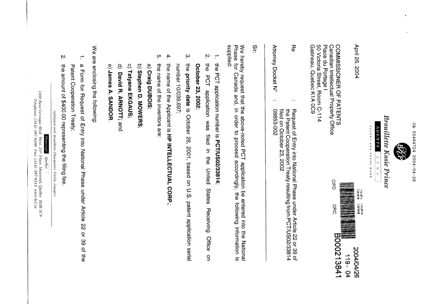 Document de brevet canadien 2464724. Cession 20040426. Image 1 de 4