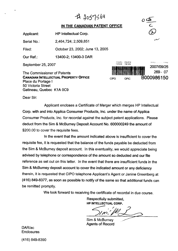 Document de brevet canadien 2464724. Cession 20070925. Image 1 de 8