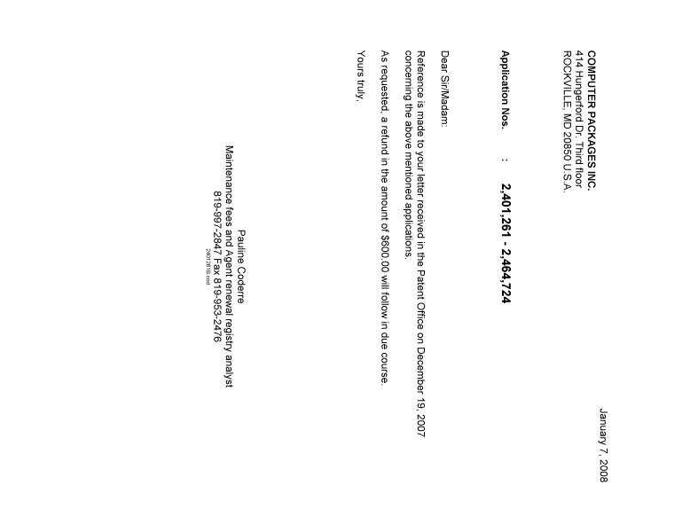 Document de brevet canadien 2464724. Correspondance 20080107. Image 1 de 1