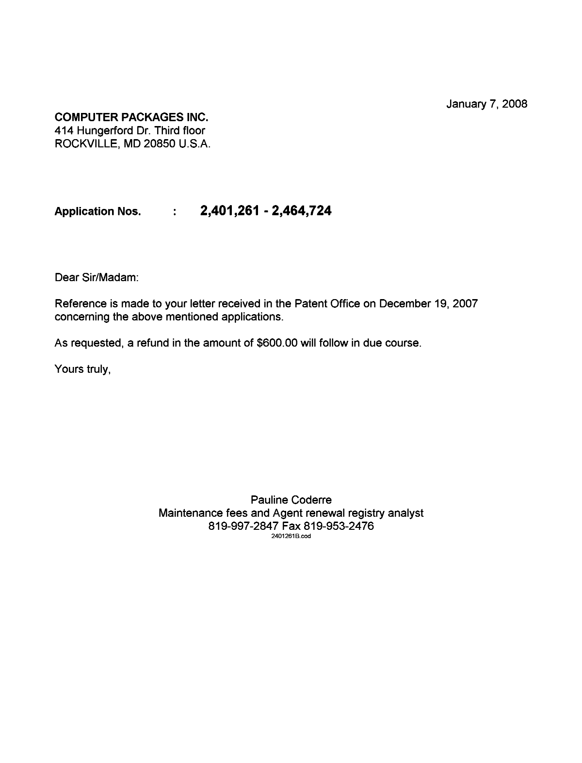 Document de brevet canadien 2464724. Correspondance 20080107. Image 1 de 1