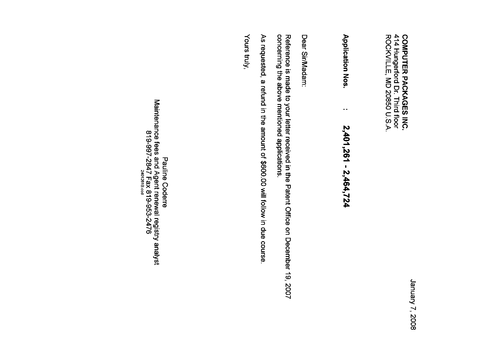 Canadian Patent Document 2464724. Correspondence 20080107. Image 1 of 1