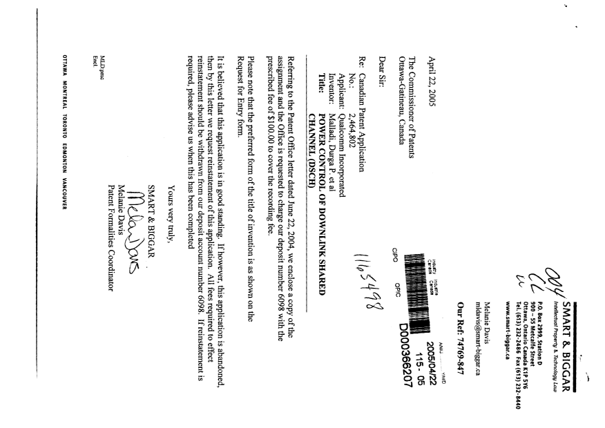 Document de brevet canadien 2464802. Cession 20050422. Image 1 de 5