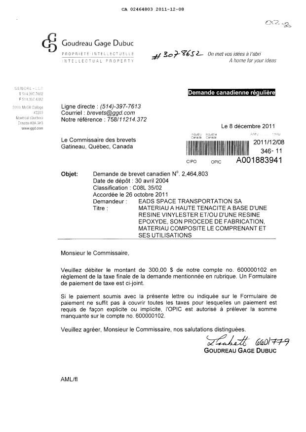 Canadian Patent Document 2464803. Correspondence 20111208. Image 1 of 1