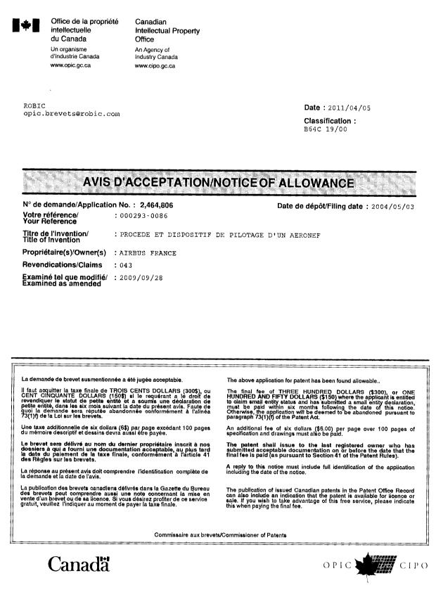 Canadian Patent Document 2464806. Correspondence 20110405. Image 1 of 1