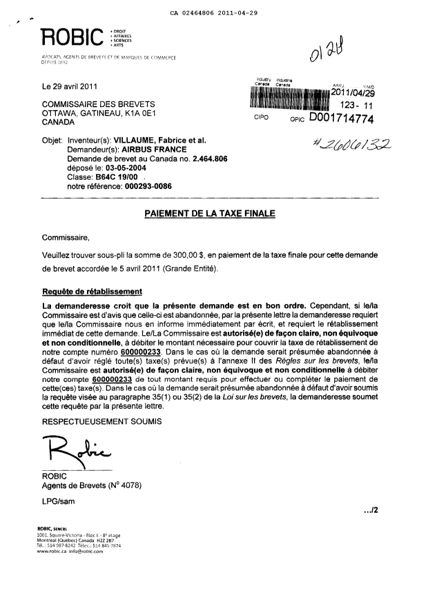 Canadian Patent Document 2464806. Correspondence 20110429. Image 1 of 2