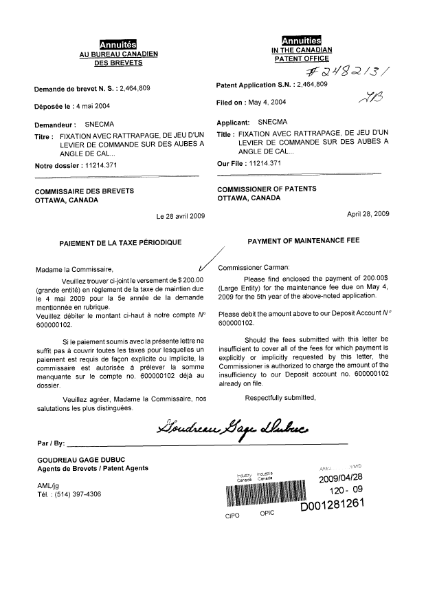 Canadian Patent Document 2464809. Fees 20090428. Image 1 of 1
