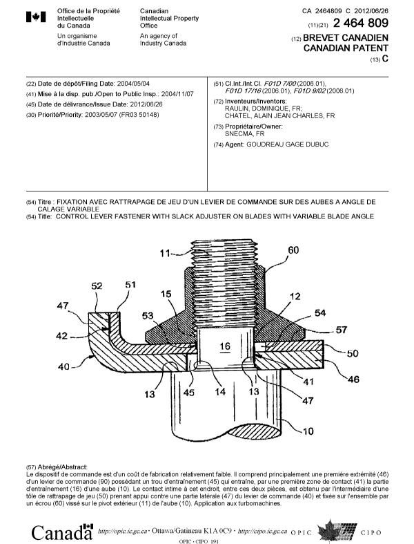 Canadian Patent Document 2464809. Cover Page 20120528. Image 1 of 1