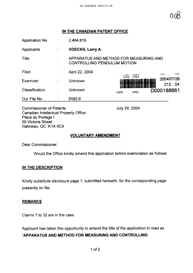 Document de brevet canadien 2464819. Poursuite-Amendment 20040729. Image 1 de 3