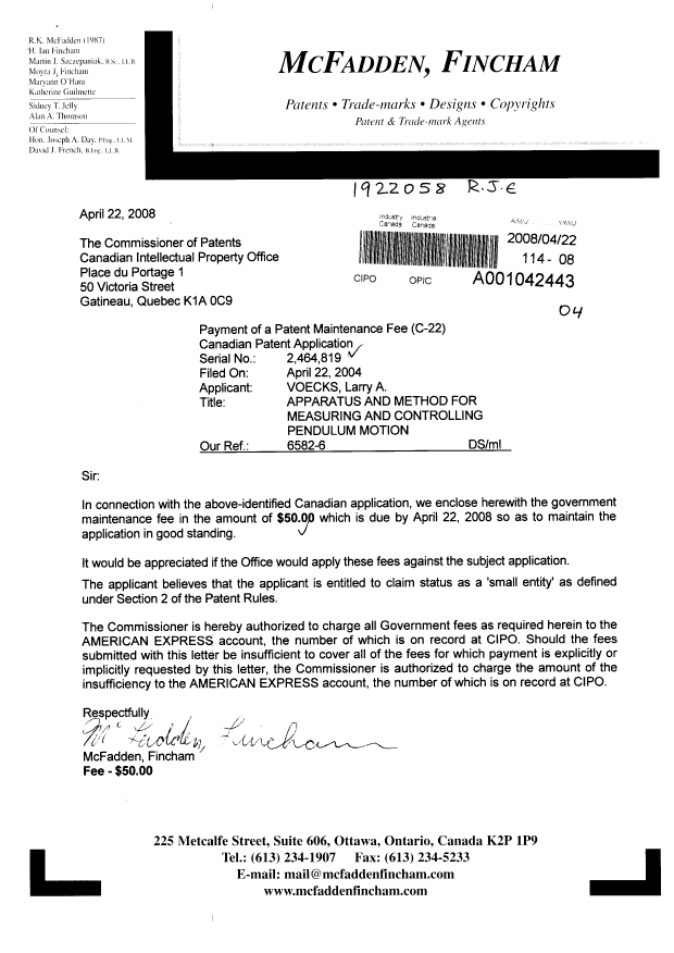 Document de brevet canadien 2464819. Taxes 20080422. Image 1 de 1