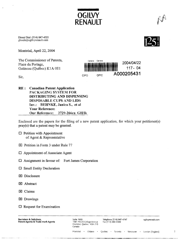 Document de brevet canadien 2464824. Cession 20040422. Image 1 de 3