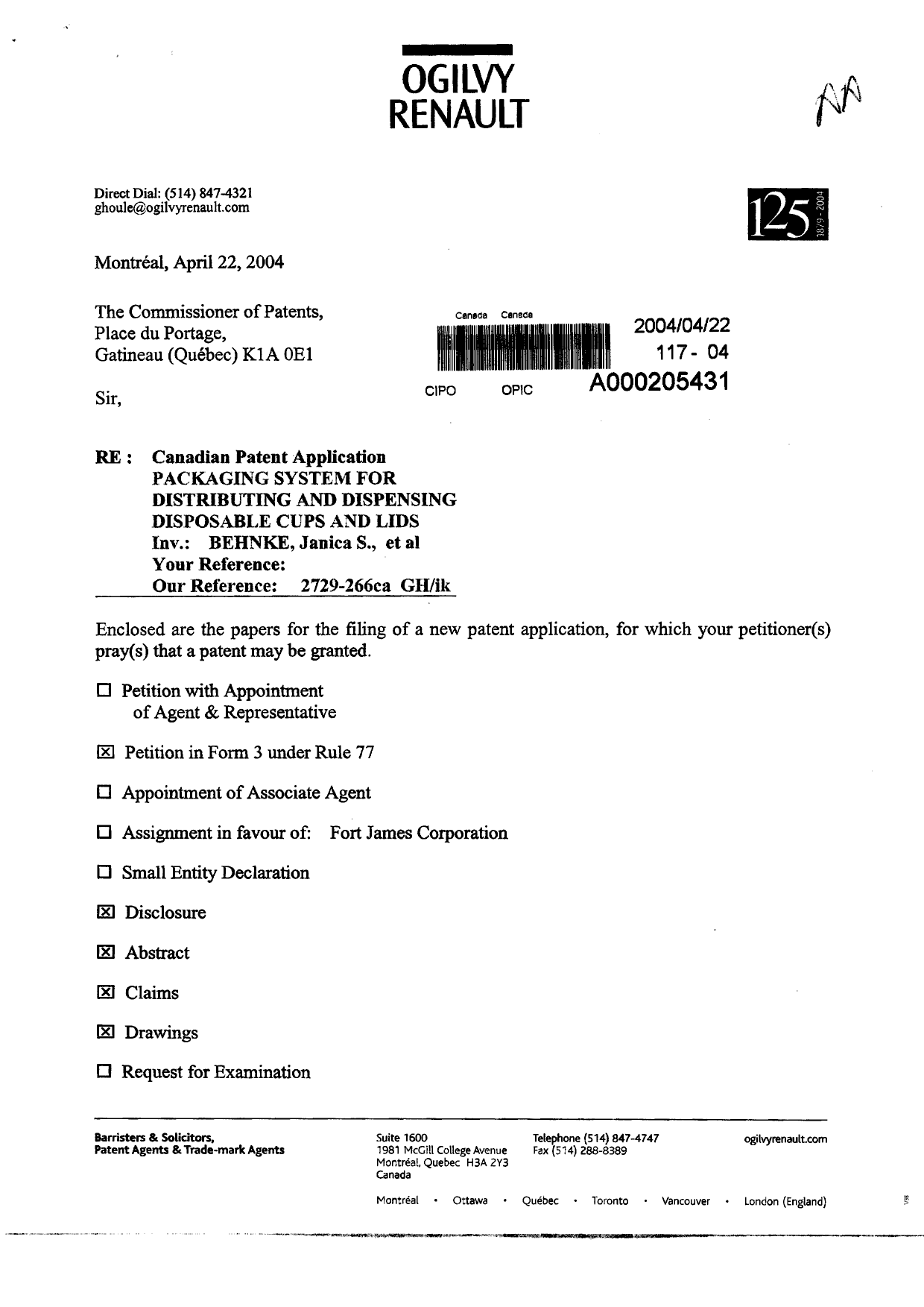 Canadian Patent Document 2464824. Assignment 20040422. Image 1 of 5