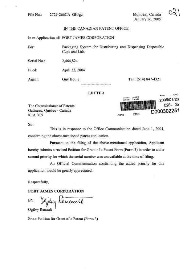 Document de brevet canadien 2464824. Correspondance 20050126. Image 1 de 2