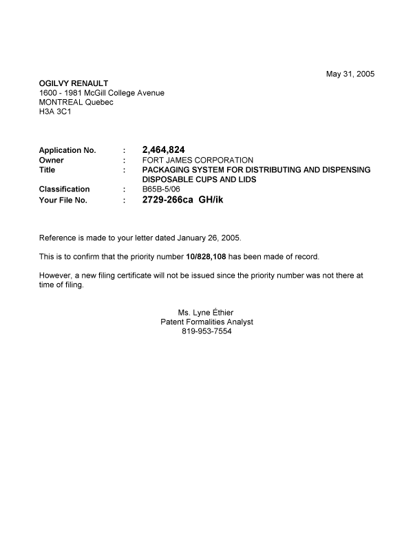 Document de brevet canadien 2464824. Correspondance 20050524. Image 1 de 1