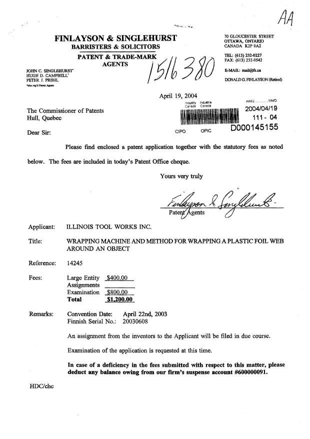 Document de brevet canadien 2464825. Cession 20040419. Image 1 de 3