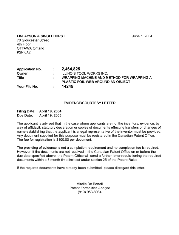 Document de brevet canadien 2464825. Correspondance 20040525. Image 1 de 1