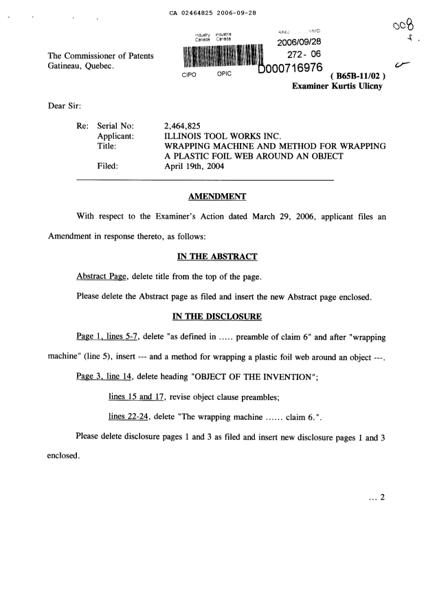 Canadian Patent Document 2464825. Prosecution-Amendment 20060928. Image 1 of 12