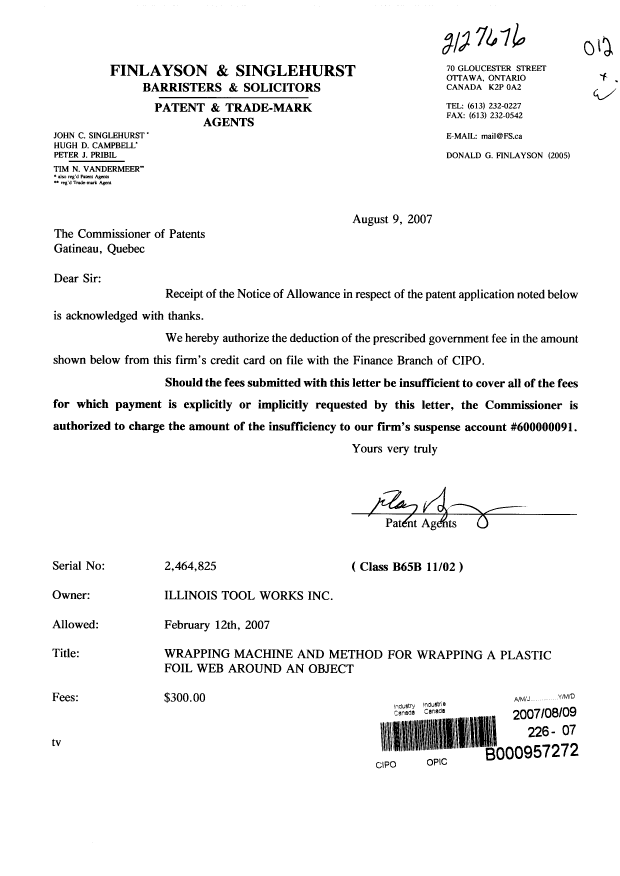 Document de brevet canadien 2464825. Correspondance 20070809. Image 1 de 1