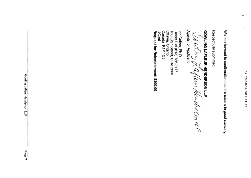 Document de brevet canadien 2464854. Poursuite-Amendment 20101206. Image 2 de 2