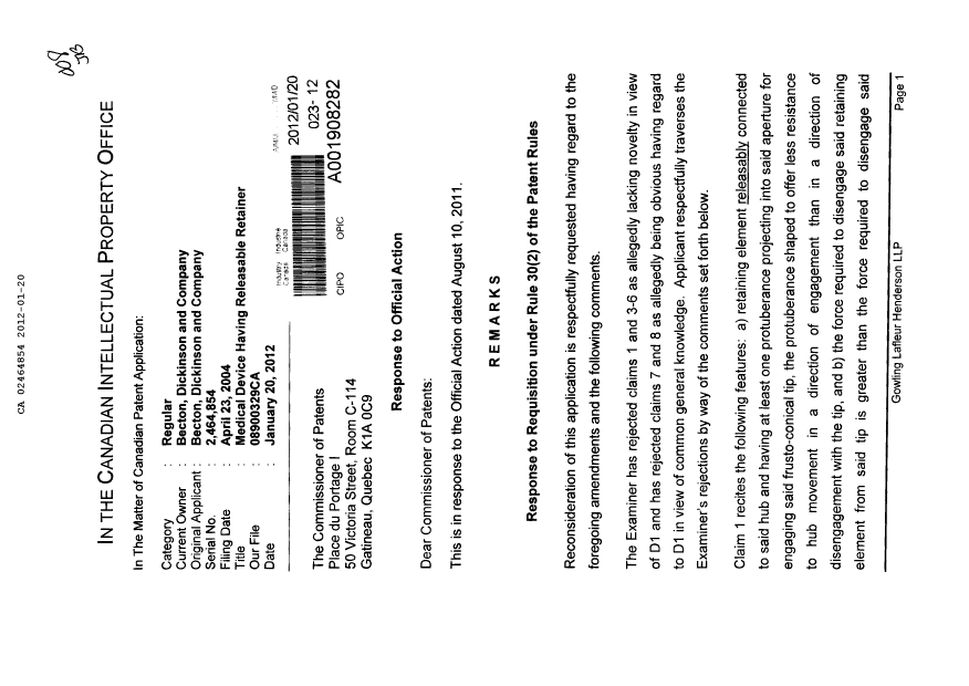 Document de brevet canadien 2464854. Poursuite-Amendment 20111220. Image 1 de 4