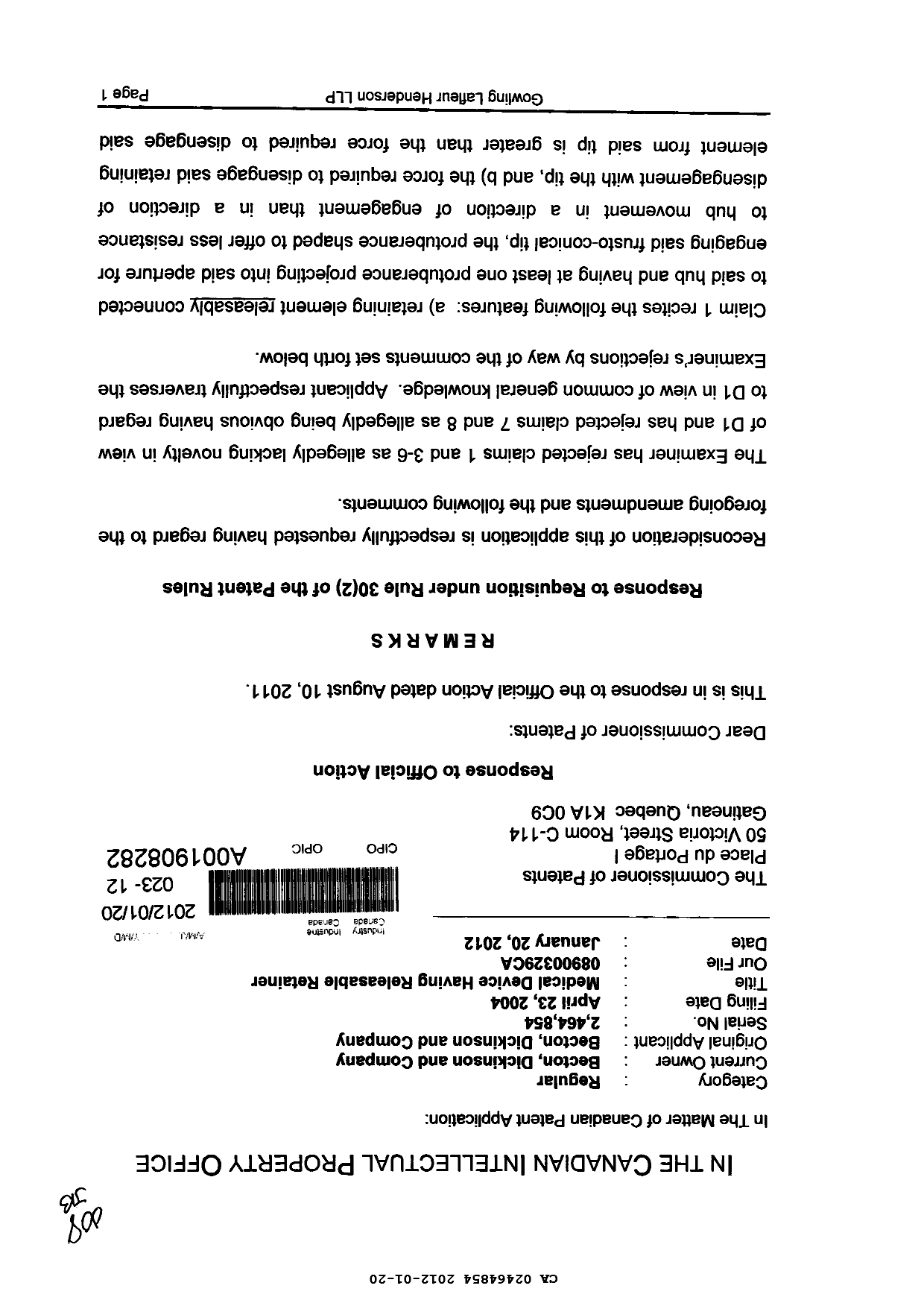 Document de brevet canadien 2464854. Poursuite-Amendment 20111220. Image 1 de 4