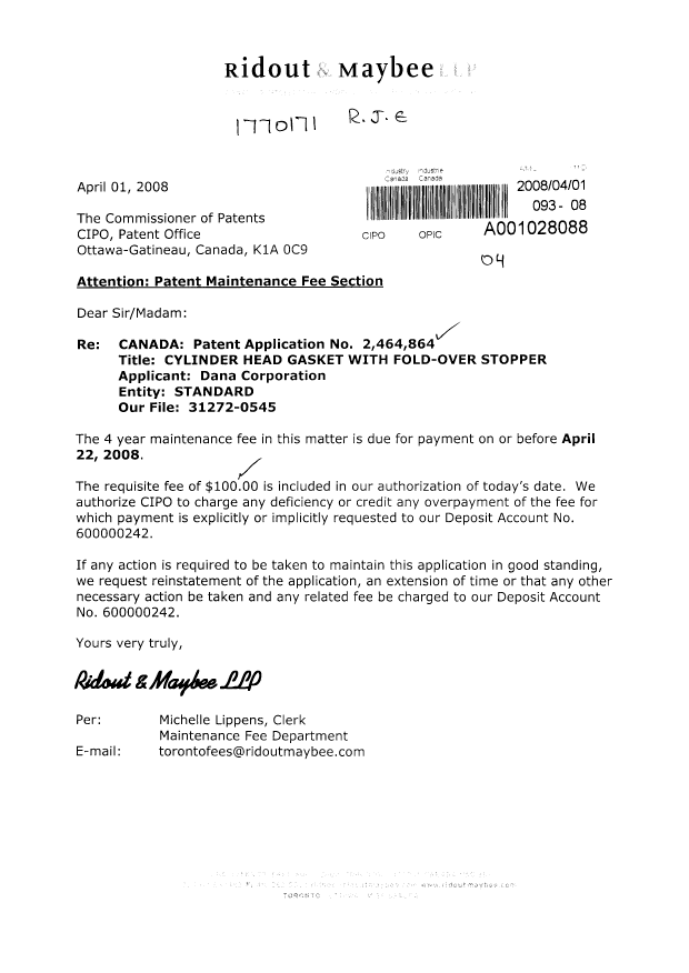Document de brevet canadien 2464864. Taxes 20080401. Image 1 de 1