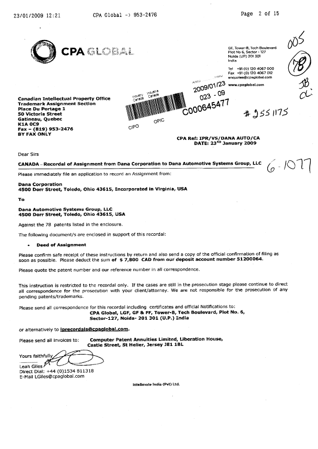 Document de brevet canadien 2464864. Cession 20090123. Image 1 de 8