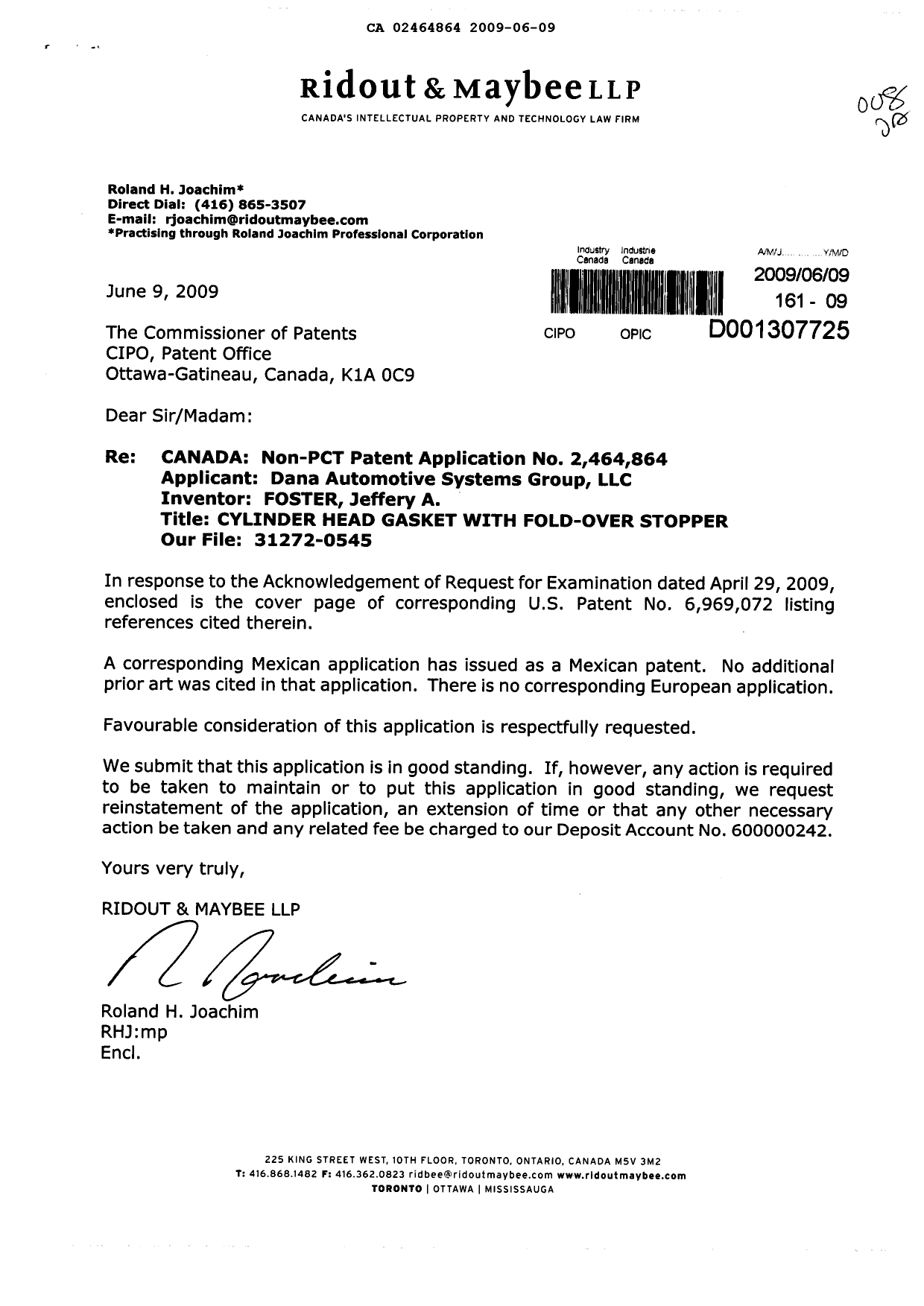Canadian Patent Document 2464864. Prosecution-Amendment 20090609. Image 1 of 1