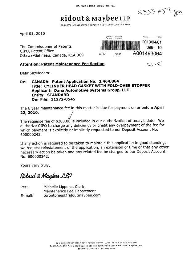 Document de brevet canadien 2464864. Taxes 20100401. Image 1 de 1