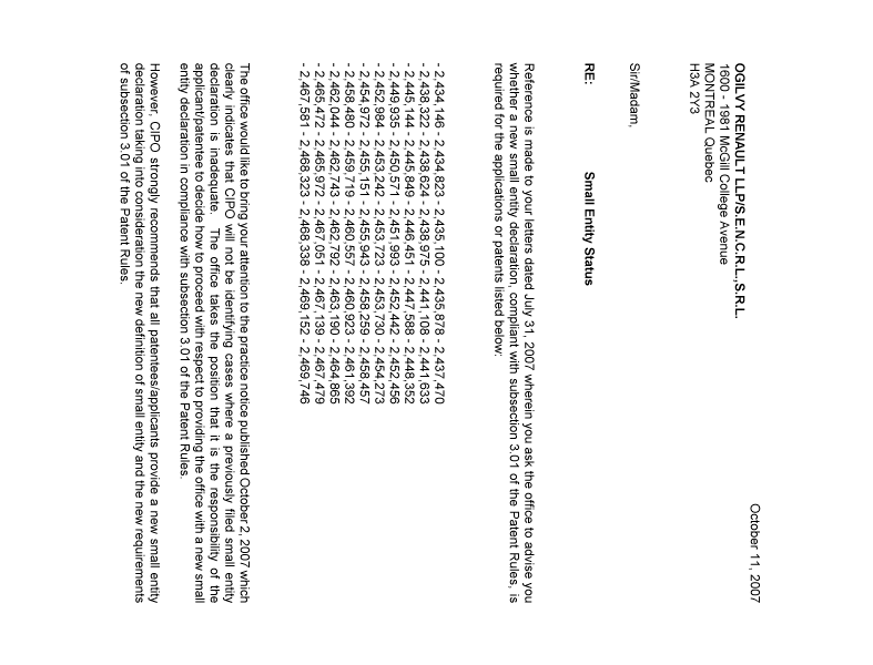 Canadian Patent Document 2464865. Correspondence 20071011. Image 1 of 2