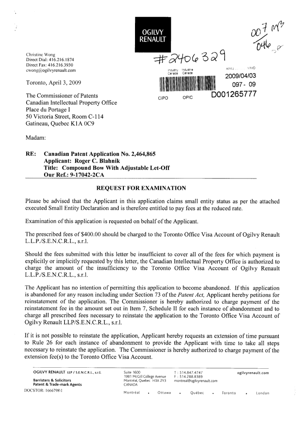 Document de brevet canadien 2464865. Correspondance 20090403. Image 1 de 3