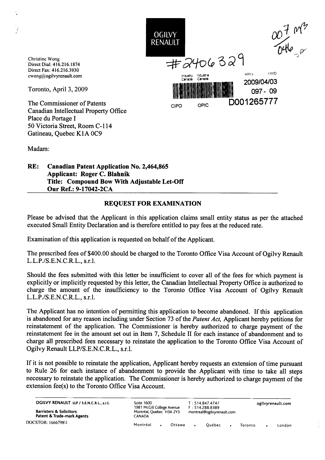 Canadian Patent Document 2464865. Correspondence 20090403. Image 1 of 3