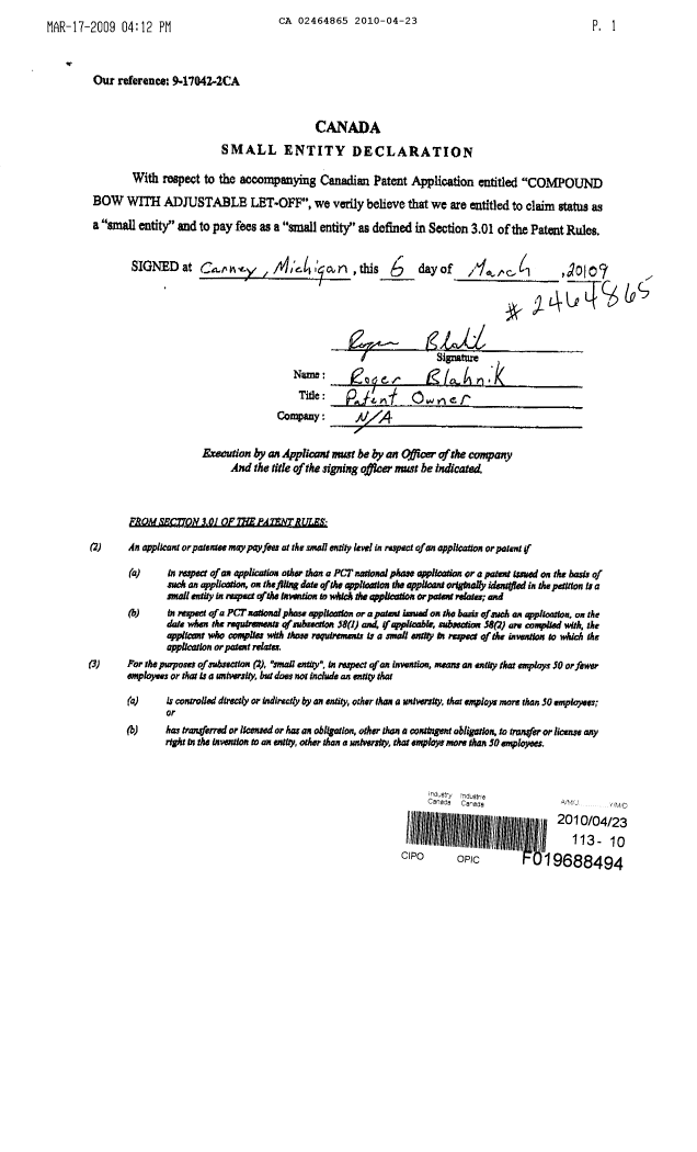 Document de brevet canadien 2464865. Correspondance 20100423. Image 1 de 1