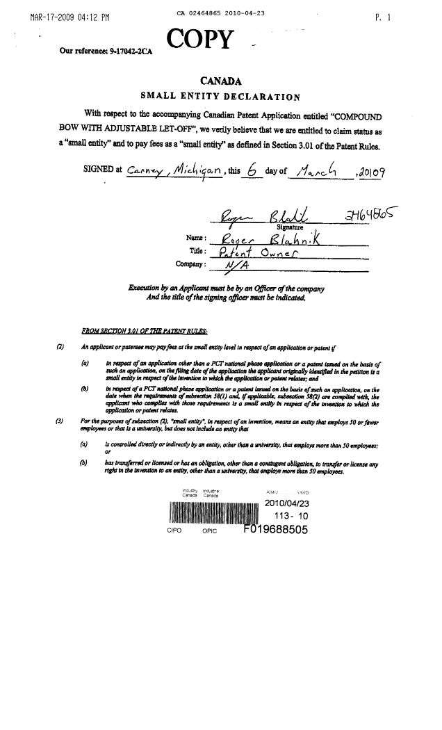 Document de brevet canadien 2464865. Correspondance 20100423. Image 1 de 1