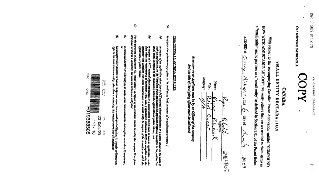 Canadian Patent Document 2464865. Correspondence 20100423. Image 1 of 1