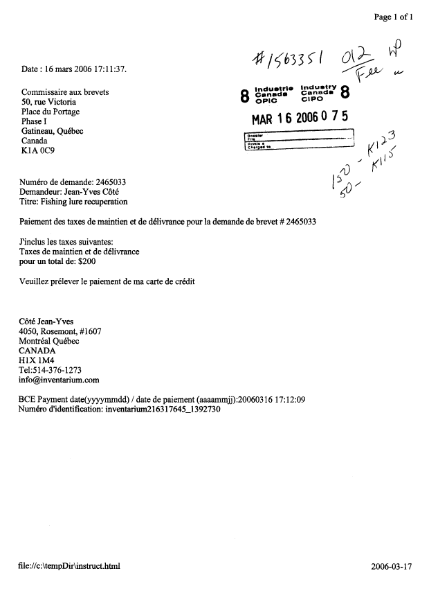 Canadian Patent Document 2465033. Correspondence 20060316. Image 1 of 1